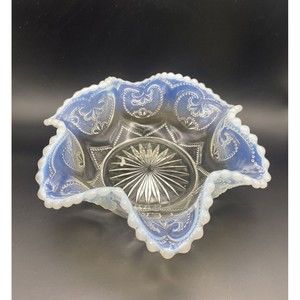 Vintage Dugan Jeweled Heart White Opalescent Bowl Dish 5.75 Inches